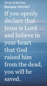 'If you openly declare that Jesus is Lord and believe in your heart that God raised him from the dead, you will be saved. ' Romans 10:9